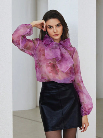 Privé French Elegant Bow Tie Neck Small Stand Collar Semi-Sheer Floral Print Shirt, Autumn