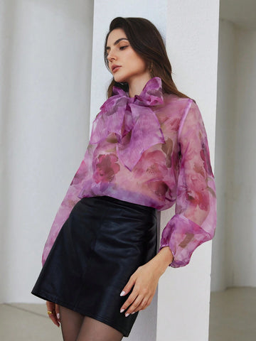 Privé French Elegant Bow Tie Neck Small Stand Collar Semi-Sheer Floral Print Shirt, Autumn