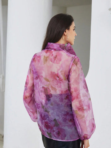 Privé French Elegant Bow Tie Neck Small Stand Collar Semi-Sheer Floral Print Shirt, Autumn