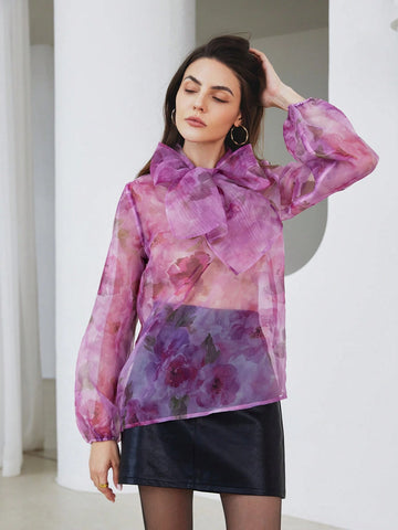 Privé French Elegant Bow Tie Neck Small Stand Collar Semi-Sheer Floral Print Shirt, Autumn