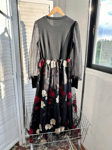 French Luxury Lady Style Black Round Neck Long Sleeve Knitted Patchwork Embroidered Mesh Tie-