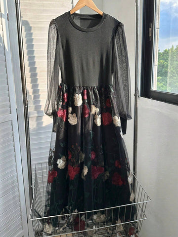 French Luxury Lady Style Black Round Neck Long Sleeve Knitted Patchwork Embroidered Mesh Tie-