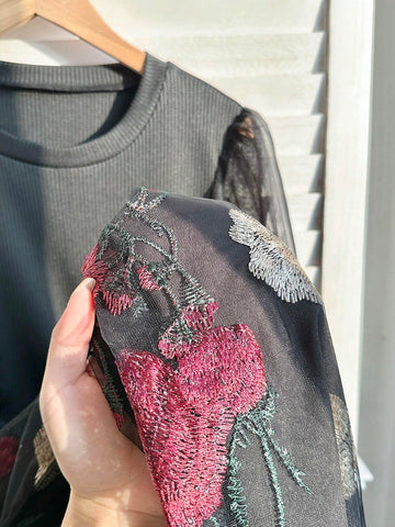 French Luxury Lady Style Black Round Neck Long Sleeve Knitted Patchwork Embroidered Mesh Tie-