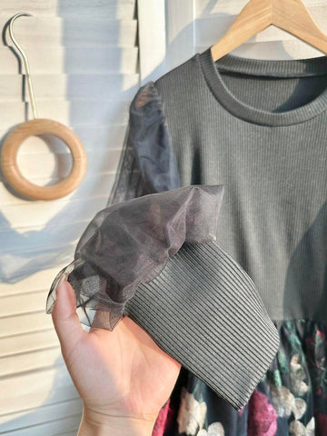 French Luxury Lady Style Black Round Neck Long Sleeve Knitted Patchwork Embroidered Mesh Tie-