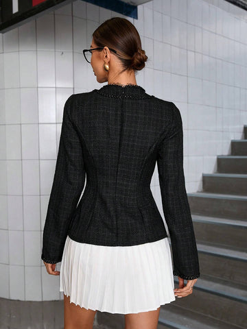 French Retro Waist Slimming Elegant Tweed Patchwork Pleated Dress