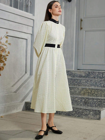 French Semi-High Collar Jacquard Textured Contrast Color Block Puff Sleeve Single Breasted Waist