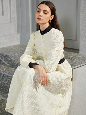 French Semi-High Collar Jacquard Textured Contrast Color Block Puff Sleeve Single Breasted Waist