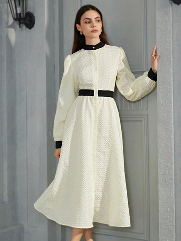 French Semi-High Collar Jacquard Textured Contrast Color Block Puff Sleeve Single Breasted Waist