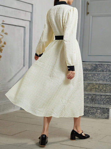 French Semi-High Collar Jacquard Textured Contrast Color Block Puff Sleeve Single Breasted Waist