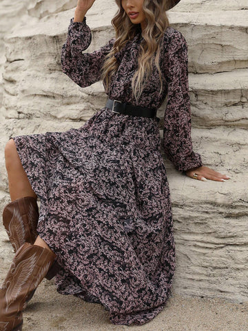 French Style Chiffon Ditsy Floral Cinched Waist Long Sleeve Dress With Lantern Sleeves For