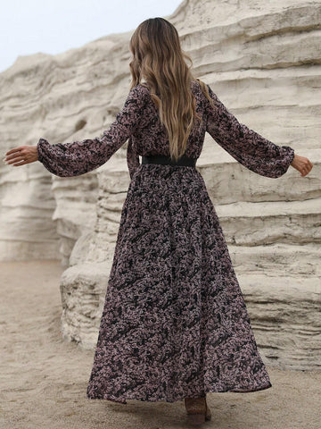 French Style Chiffon Ditsy Floral Cinched Waist Long Sleeve Dress With Lantern Sleeves For