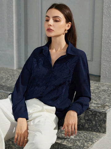 Privé French Style Elegant Embroidery Detail Women Blouse, Autumn