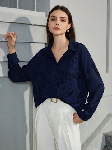 Privé French Style Elegant Embroidery Detail Women Blouse, Autumn