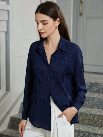 Privé French Style Elegant Embroidery Detail Women Blouse, Autumn