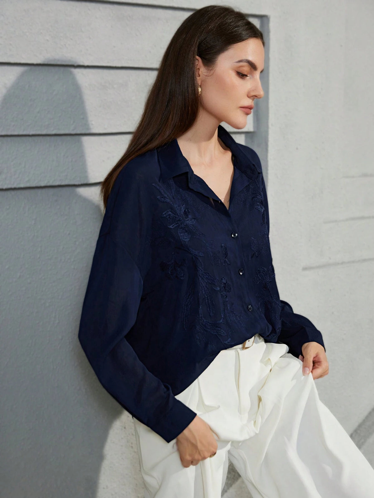 Privé French Style Elegant Embroidery Detail Women Blouse, Autumn