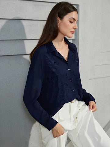 Privé French Style Elegant Embroidery Detail Women Blouse, Autumn