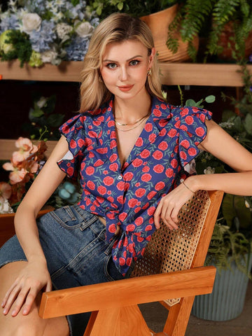 Privé French Style Fashionable Rose Printed Puff Sleeve Women Summer Crop Top Floral Blouse Doll Shirt For Mother's Day