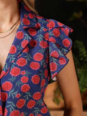 Privé French Style Fashionable Rose Printed Puff Sleeve Women Summer Crop Top Floral Blouse Doll Shirt For Mother's Day