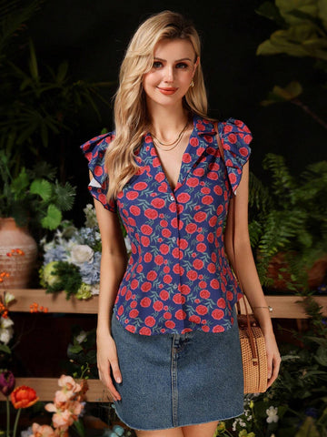 Privé French Style Fashionable Rose Printed Puff Sleeve Women Summer Crop Top Floral Blouse Doll Shirt For Mother's Day