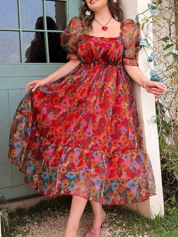 French Style Tea Party Chiffon Floral Dress With Square Neckline, Puff Sleeves And Unique Design F