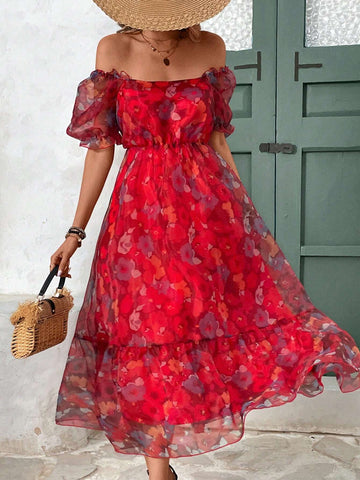 French Style Tea Party Chiffon Floral Dress With Square Neckline, Puff Sleeves And Unique Design F