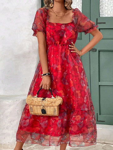 French Style Tea Party Chiffon Floral Dress With Square Neckline, Puff Sleeves And Unique Design F
