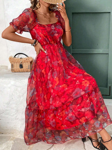 French Style Tea Party Chiffon Floral Dress With Square Neckline, Puff Sleeves And Unique Design F