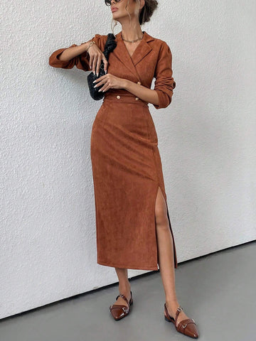 French Vintage Suede Deer Skin Collared Double Breasted Waist Cinched Waist Slim Fit Puff Sleev