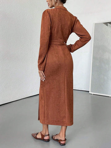 French Vintage Suede Deer Skin Collared Double Breasted Waist Cinched Waist Slim Fit Puff Sleev