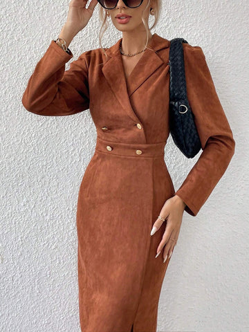 French Vintage Suede Deer Skin Collared Double Breasted Waist Cinched Waist Slim Fit Puff Sleev