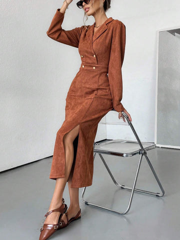 French Vintage Suede Deer Skin Collared Double Breasted Waist Cinched Waist Slim Fit Puff Sleev