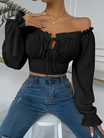 Frill Trim Bell Sleeve Ruched Bust Milkmaid Top