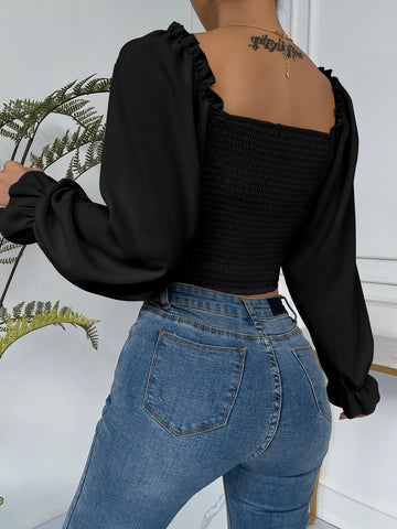 Frill Trim Bell Sleeve Ruched Bust Milkmaid Top