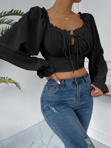 Frill Trim Bell Sleeve Ruched Bust Milkmaid Top