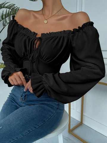 Frill Trim Bell Sleeve Ruched Bust Milkmaid Top