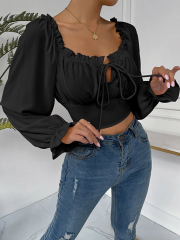 Frill Trim Bell Sleeve Ruched Bust Milkmaid Top