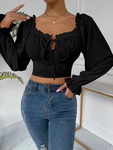 Frill Trim Bell Sleeve Ruched Bust Milkmaid Top