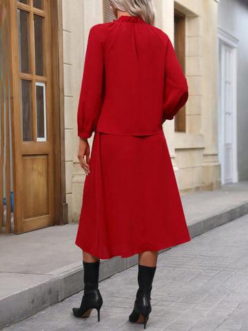 Frill Trim Lantern Sleeve Blouse & Belted Skirt