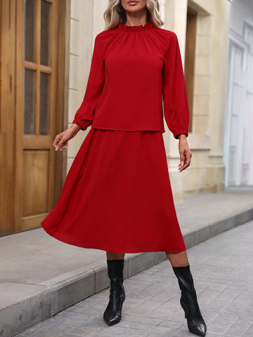 Frill Trim Lantern Sleeve Blouse & Belted Skirt