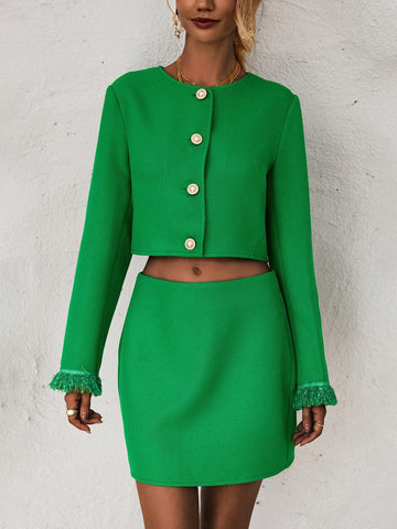 Fringe Trim Crop Jacket & Skirt
