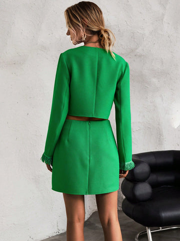 Fringe Trim Crop Jacket & Skirt