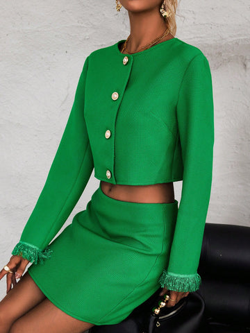Fringe Trim Crop Jacket & Skirt