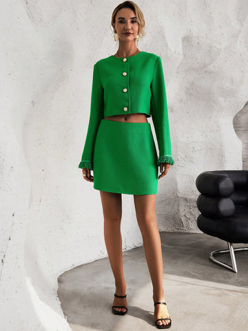 Fringe Trim Crop Jacket & Skirt