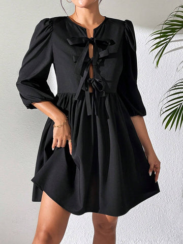 Front Lace-Up Hollow Out Puff Sleeve Mini Dress