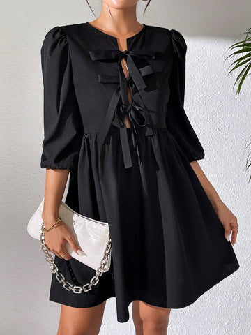 Front Lace-Up Hollow Out Puff Sleeve Mini Dress