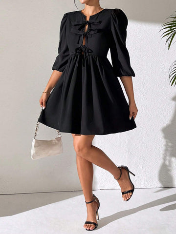Front Lace-Up Hollow Out Puff Sleeve Mini Dress
