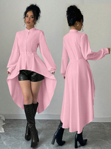 Privé Front Short Back Long Stand Collar Open Front A-Line Ruffle Lantern Sleeve Long Shirt