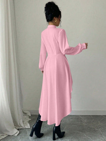 Privé Front Short Back Long Stand Collar Open Front A-Line Ruffle Lantern Sleeve Long Shirt