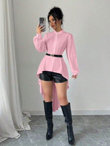 Privé Front Short Back Long Stand Collar Open Front A-Line Ruffle Lantern Sleeve Long Shirt