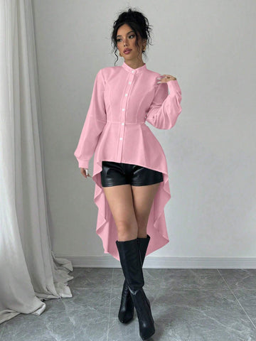 Privé Front Short Back Long Stand Collar Open Front A-Line Ruffle Lantern Sleeve Long Shirt